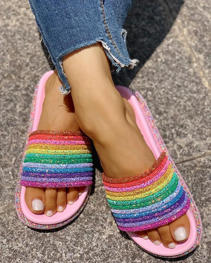 Summer Rainbow Bling Slippers For Girls Non-slip