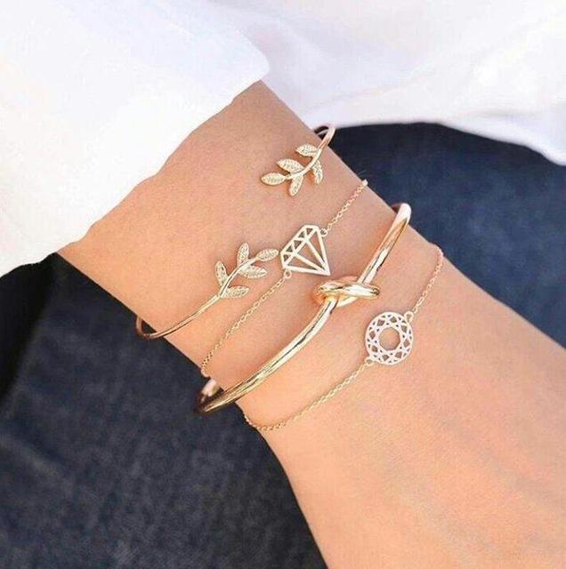 4pcs/Set Fashion Bohemia Leaf Knot Hand Cuff Link Chain Charm